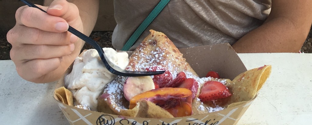 The food trucks and picnic area are a great place for breakfast. We had a whole grain crepe with fresh strawberries, bananas and peaches. YUM
