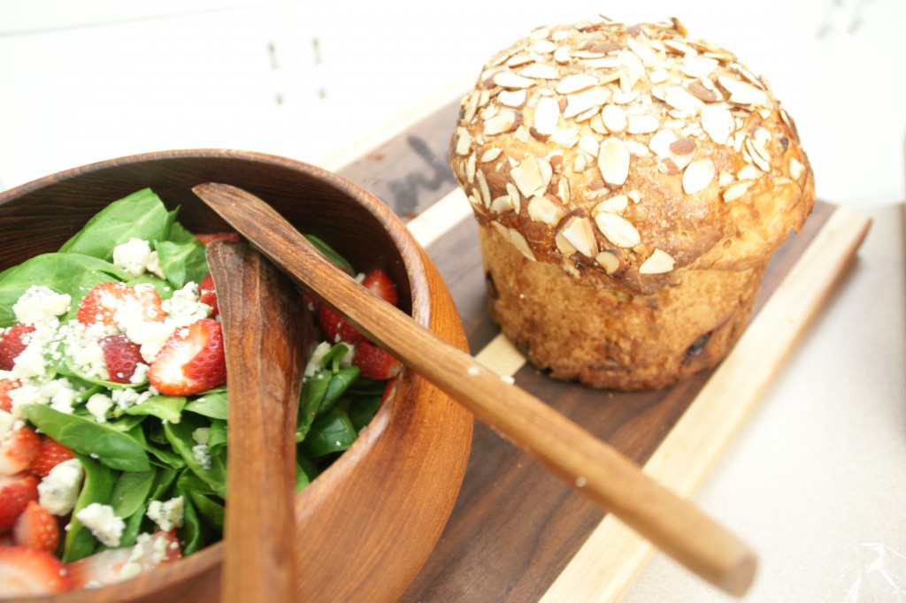 Panettone, a favorite sweet bread at Christmas in Italy, is beautiful with only a few almonds and pearl sugar decorating the top.