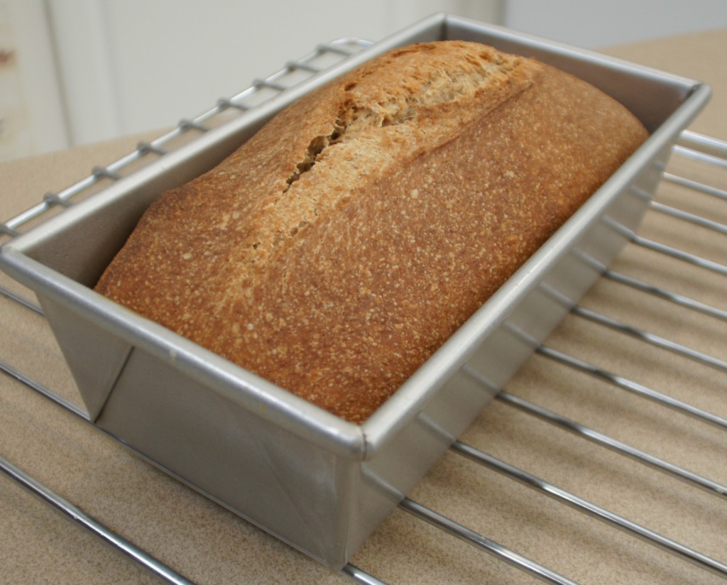 Spelt bread in loaf pan.