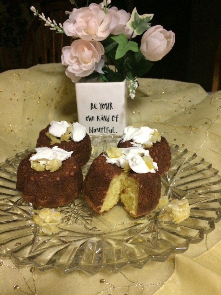 My sister Debbie sent this photo of mini vanilla cakes she made. For vanilla bundt mini cakes, omit chocolate and chocolate chips. For an amazing vanilla flavor, use a high quality real vanilla extract. The vanilla flavor sometimes does not come through in foods but mini bundt cakes do not reach that high of a  temperature  and the vanilla flavor of a good extract with shine through. 